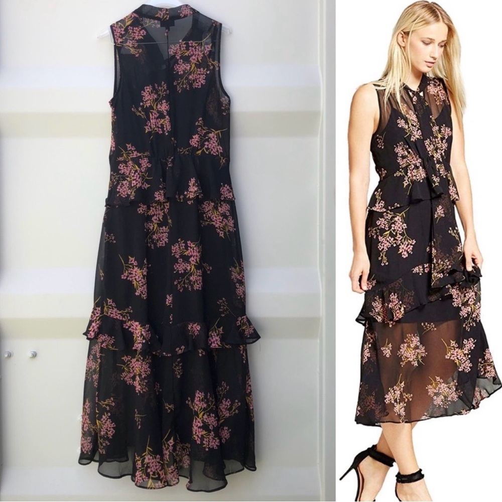 Who What Wear Black Floral Sleeveless Tie-Neck Ruffle Midi Dress